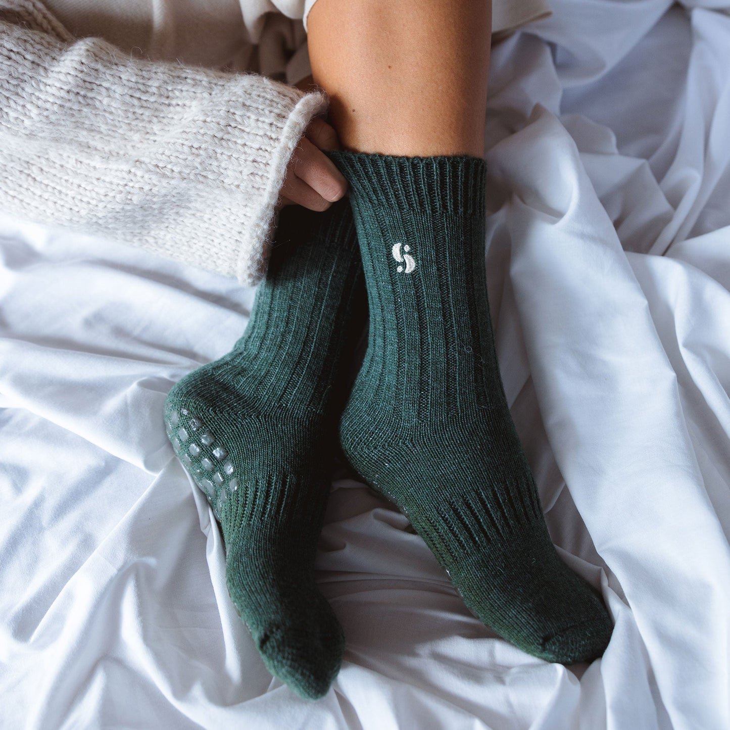 Serene Socks- Adult Merino Wool Non-Slip Socks- Dark Green- 1 pair
