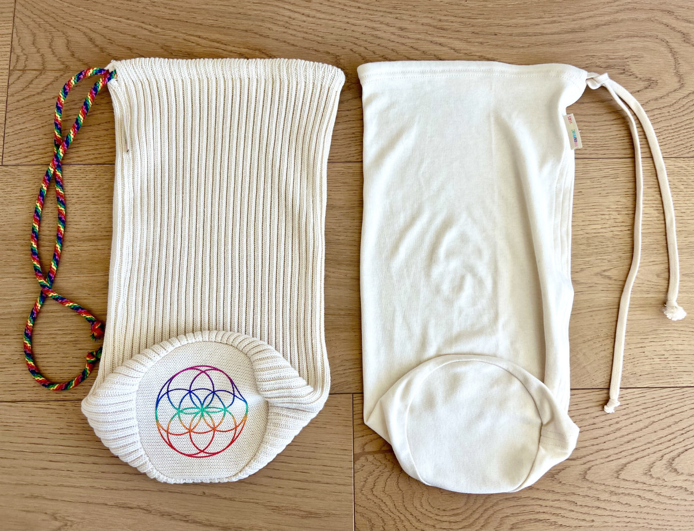  Harmonic Cover with ribbed knit and flower of life next to Harmonic Skin in flat knit for singing bowl protection